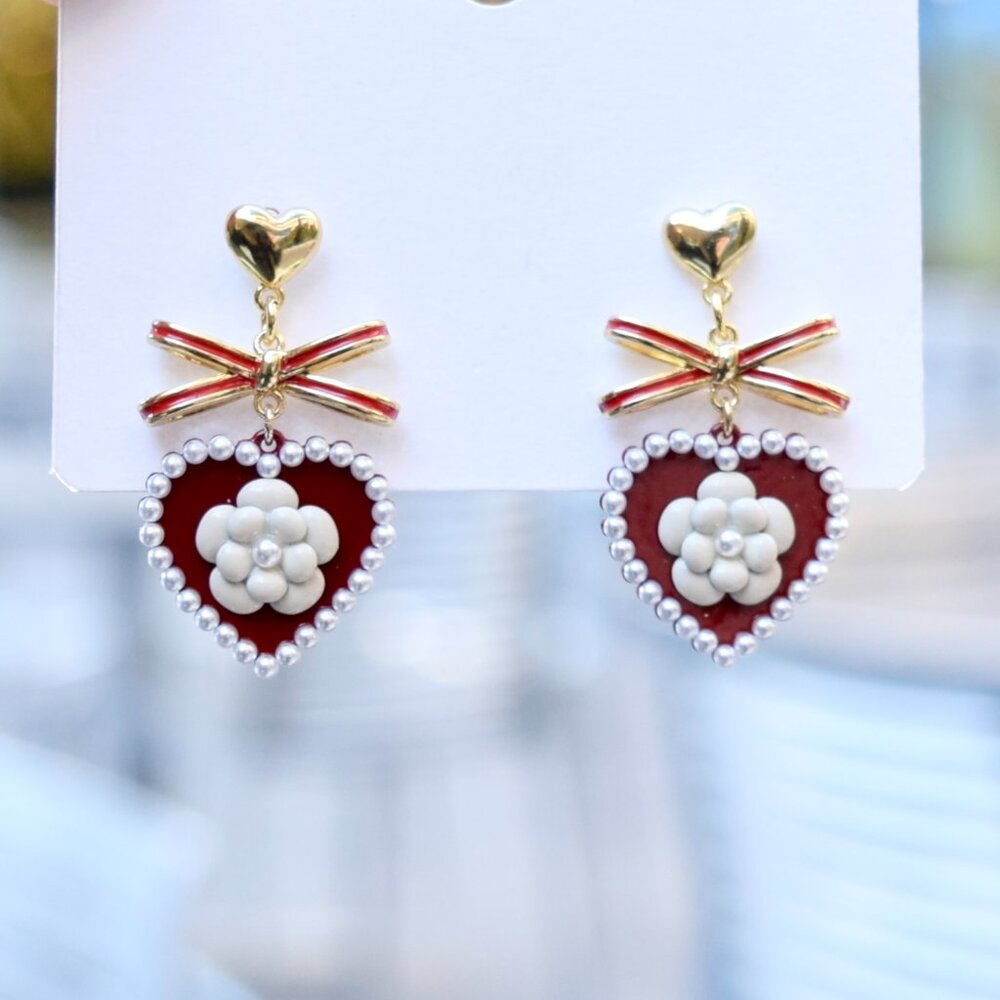 Red Heart White Camellia Earrings